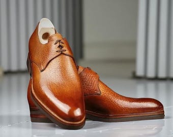 Brown Leather Derby Shoes for Men  Handmade Lace Up Formal Shoes, Genuine Leather Dress Shoes