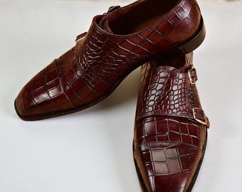 Men’s Burgundy Crocodile-Embossed Leather Double Monk Strap Shoes