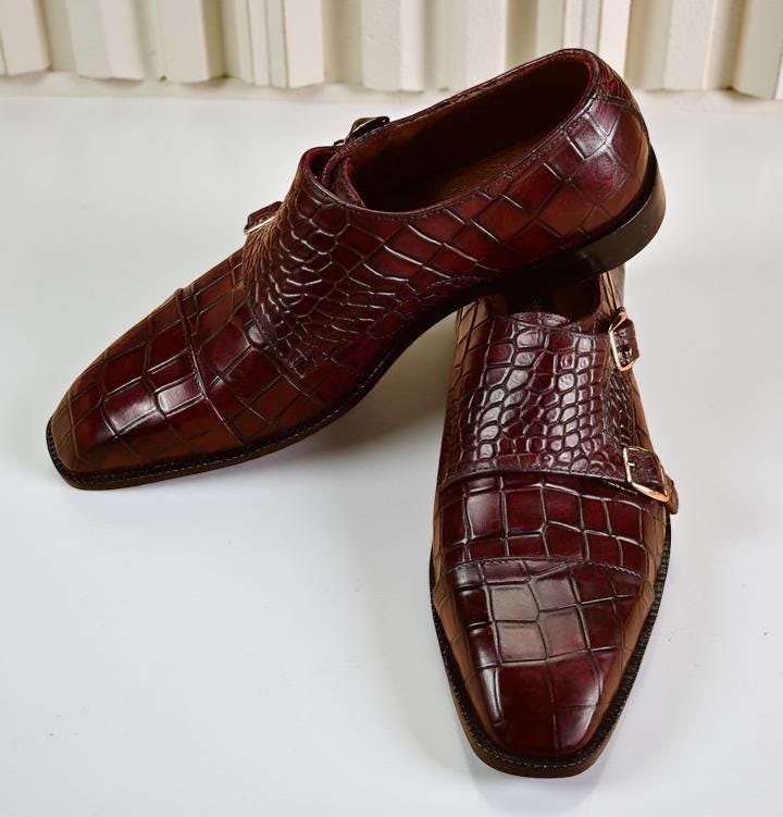 Men\'s Double Monk Strap Dress Shoes in Wine Croc-Embossed Leather Wine Double Monk Strap Shoes – Italian Shoes Company main image 4