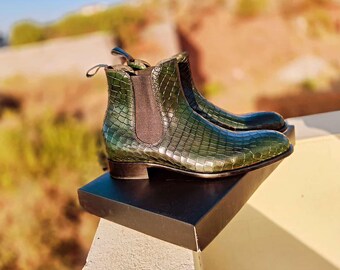 Bespoke Crocodile Embossed Leather Chelsea Boots, Italian Leather Sole