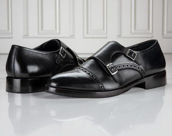 Double Monk Strap Black Cap Toe Brogue Shoes Handmade Leather Dress Shoes for Men