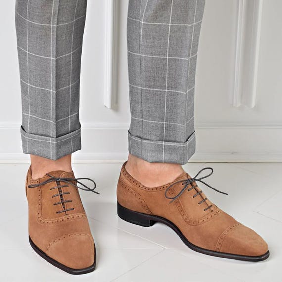 Men’s Tan Suede Cap Toe Oxford Shoes  Handmade Leather Dress Shoes