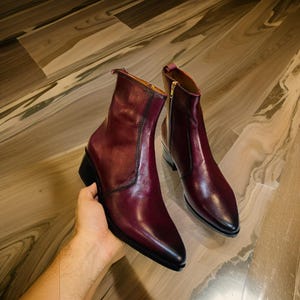Bespoke handmade burgundy Leather designer Chelsea side zipper Boots, Leather sole shoes, wedding, party night out dress ankle high boots