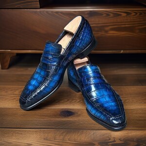 Handmade Crocodile Texture Leather Loafers, Formal Dress Shoes