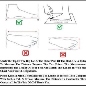 May include: Diagram illustrating how to measure foot length for shoe sizing. Includes line drawings of feet, rulers, and text instructions. The text advises to measure from the big toe to the heel and compare with a size chart.