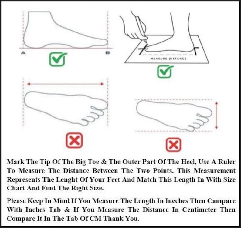 May include: Diagram illustrating how to measure foot length for shoe sizing. Includes line drawings of feet, rulers, and text instructions. The text advises to measure from the big toe to the heel and compare with a size chart.
