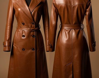 Women Genuine Leather Trench Coat Brown Long Coat Elegant Winter Overcoat