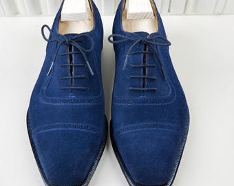 Men’s Navy Blue Suede Oxford Cap Toe Shoes Handmade Luxury Dress Shoes