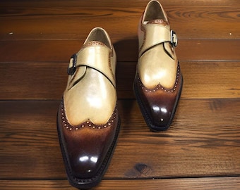 Sapatos Monk Strap de couro bicolor feitos à mão, modelo Wingtip Brogue.