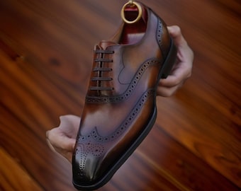 Handmade Leather Brogue Shoes, Customizable Italian Leather Sole