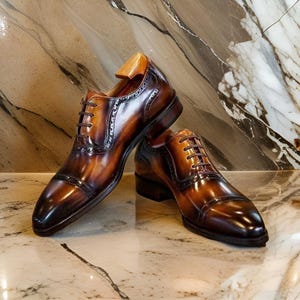 Handmade Two Tone Leather Oxford Cap Toe Shoes, Formal Dress Shoes