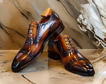 Handmade Two Tone Leather Oxford Cap Toe Shoes, Formal Dress Shoes
