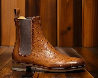 Handmade Ostrich Embossed Leather Chelsea Boots, Leather Sole