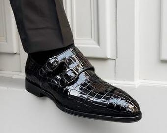 Men’s Black Crocodile Embossed Double Monk Strap Shoes Handmade Leather Dress Shoes