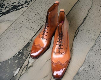 Handmade Leather Lace Up Boots, Brogue Wingtip Ankle Shoes