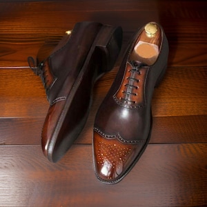Men&#39;s Custom Handmade Leather oxford lace up two tone cap toe Shoes, Leather sole shoes, formal office, party dress leather casual shoes