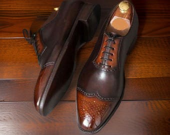 Handmade Leather Oxford Shoes, Two-Tone Cap Toe, Formal Dress Shoes