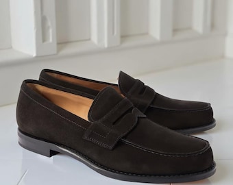 Męskie, ręcznie robione, czarne, zamszowe mokasyny typu penny loafers, miękkie, zamszowe, wsuwane buty wizytowe