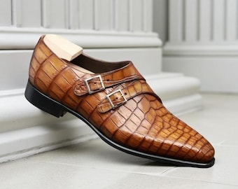 Men’s Handmade Tan Crocodile Embossed Leather Double Monk Strap Dress Shoes