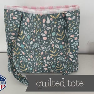Flower Meadow Quilted Tote Bag – Handmade 17x13 Fabric Shoulder Bag with Pocket – Muted Teal Floral Tote – Mindfully Stitched