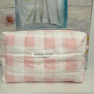 Pink Gingham Quilted Cosmetic Bag – Blush Checkered Fabric – 3 Sizes – Handmade Cotton Travel Pouch