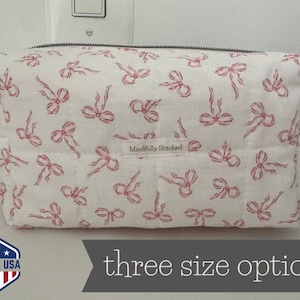 Pink Bows Quilted Makeup Bag – Handmade Cosmetic Pouch in 3 Sizes – Travel Zipper Bag – White and Pink Gift for Her
