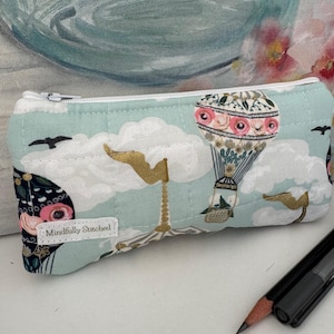 Up and Away Quilted Pencil & Glasses Case – 8&quot;x5&quot; Fabric Pouch – Handmade Zipper Bag for Pens, Makeup Brushes, Tampons, or Eyewear