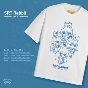 May include: White t-shirt with a blue outline of five cartoon characters wearing bunny ears and holding weapons. The text "SRT Rabbit" is printed in blue below the characters. The text "ミヤコ・サキ・モエ・ミユ" is printed in blue below the text "SRT Rabbit".