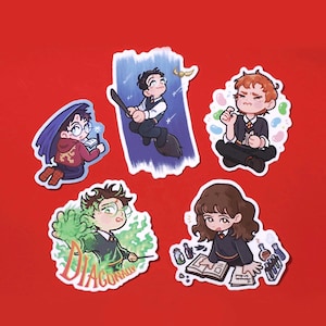 May include: Set of five stickers featuring cartoon illustrations of characters from a fantasy series. The stickers depict characters in various poses, including one on a broomstick, and one with the word "DIAGONALLY". The background is a solid red.