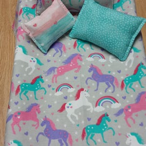 Unicorn Themed Flannel Doll Bedding Set, Fits Most Dolls Up to 18", Reversible Comforters With 3 Pillow Option, Six Unicorn Designs