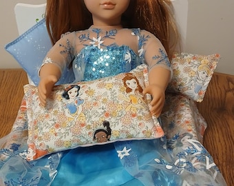 Princess Themed Doll Bedding Sets/ Fits 12-18" Dolls, Reversible Comforters With Three Pillow option, 5 Princess Designs