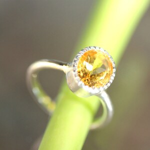 Puede incluir: Un anillo de plata con una piedra preciosa redonda y amarilla engastada en un engaste de bisel. El anillo est&aacute; en un tallo verde.