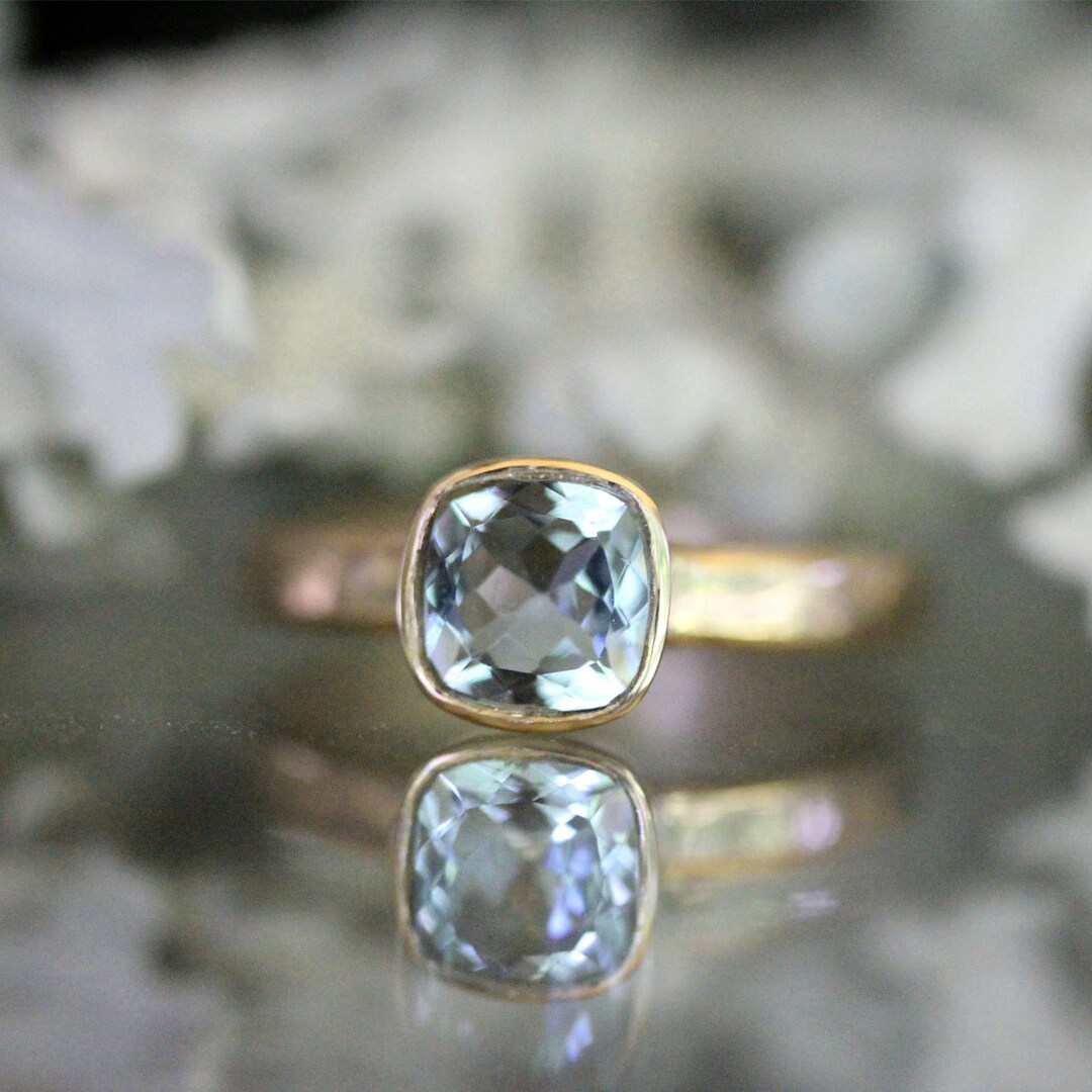 Genuine Aquamarine 14K Yellow Gold Ring, Gemstone Ring, Cushion Shape ...