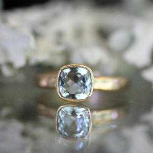 Genuine Aquamarine 14K Yellow Gold Ring, Gemstone Ring, Cushion Shape Ring, Eco Friendly, Engagement Stacking Ring - Custom Made For You