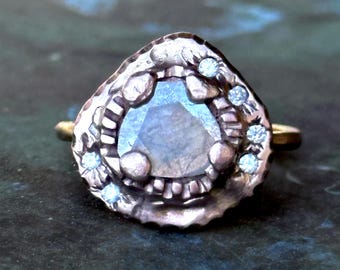 White-Gray Rose Cut Diamond 14K Rose Gold, personalized Slice Diamond, Stacking Ring, Gemstone Ring, Recycled - Ship In The Next 9 Days