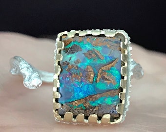 Opal Ring, Boulder Opal Ring, Open Ring, Australian Opal Ring, 18k Gold and Sterling Silver  - Ship In The Next 9 days