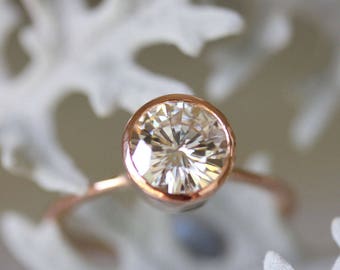 7.5mm Forever One Moissanite 14K Rose Gold Engagement Ring, Stacking Ring, Eco Friendly, Recycled Gold Ring - Custom Made For You