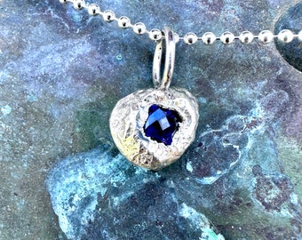 Argentium Sterling Sliver Blue Sapphire Pendant, Eco-Friendly, Birthstone, Heart Shape Sapphire Pendant (C)- Ready To Ship