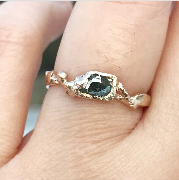 Blue Diamond Slice 14K Yellow Gold Ring, Eco Friendly Ring, Stacking Ring, Engagement Ring, Anniversary Ring -Ship In The Next 9 Days