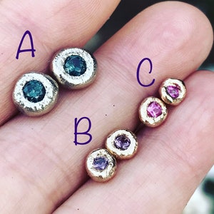 Blue Spinel, Purple Spinel, Pink Sapphire Earrings, 14K Yellow Studs, 14K White Gold, Recycled Gold Earrings - Ready To Ship In Next 9 days