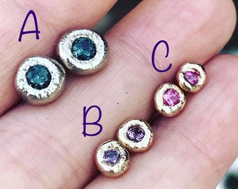 Blue Spinel, Purple Spinel, Pink Sapphire Earrings, 14K Yellow Studs, 14K White Gold, Recycled Gold Earrings - Ready To Ship In Next 9 days