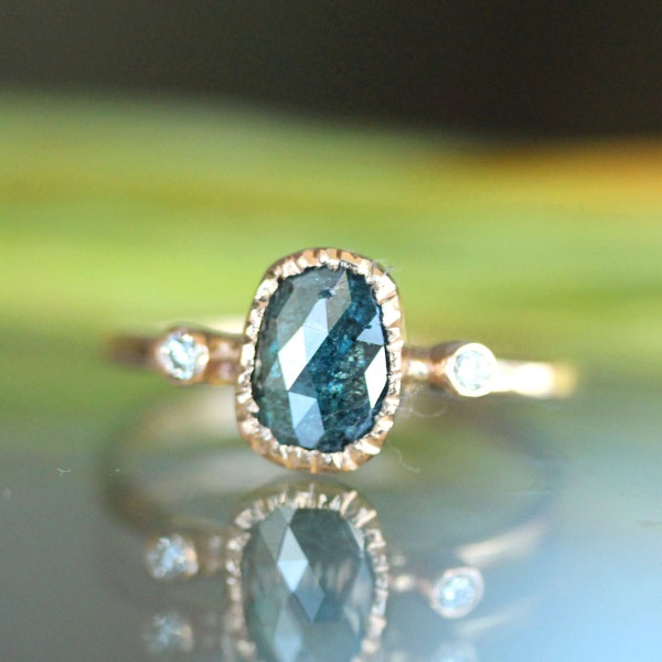 Blue Rose Cut Diamond 14K Rose Gold Ring, Engagement Ring, Stacking Ring, Gemstone RIng, Eco-Friendly, Three Stones Ring - Ready to Ship