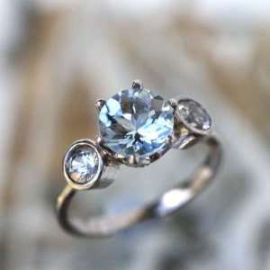 Aquamarine White Sapphire 14K Palladium White Gold Ring, Gemstone Ring, Three Stones Ring, Engagement Ring, Stacking Ring - Ready To Ship