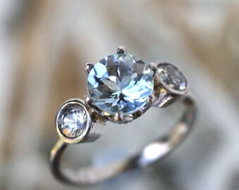 Aquamarine White Sapphire 14K Palladium White Gold Ring, Gemstone Ring, Three Stones Ring, Engagement Ring, Stacking Ring - Ready To Ship