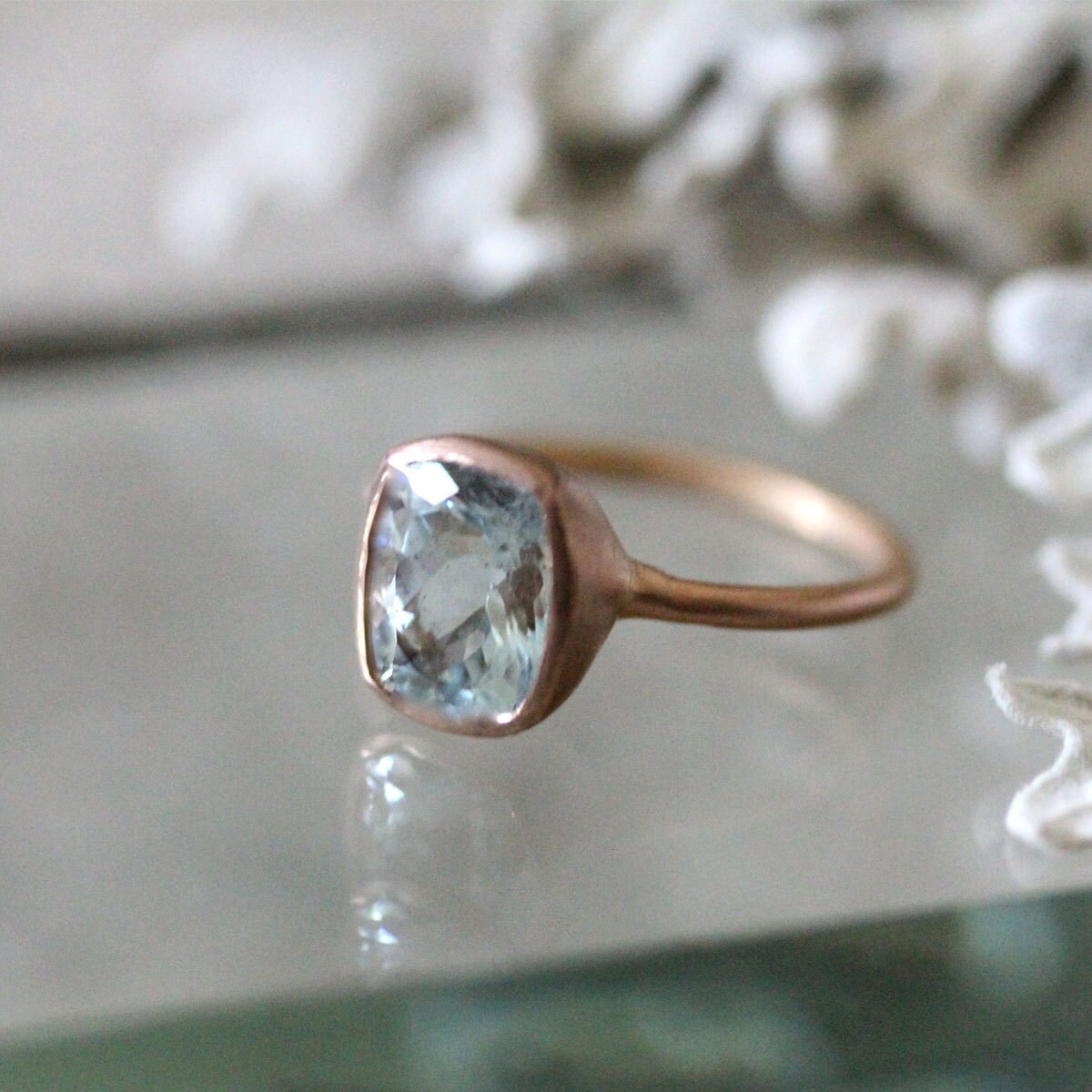 Genuine Aquamarine 14K Rose Gold Ring Gemstone Ring Cushion | Etsy