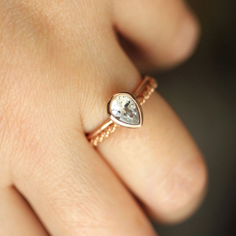 White Sapphire 14K Rose Gold Engagement Ring Stacking Ring | Etsy