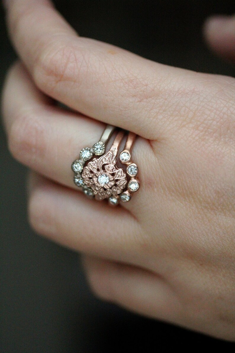 14K Gold Diamond Vintage Inspired Stacking Ring Wedding Band | Etsy