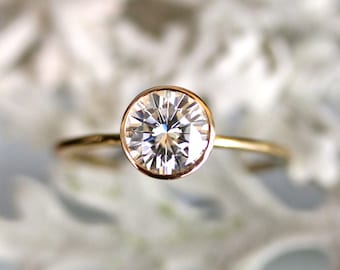 6.5mm Forever One Moissanite 14K Gold Engagement Ring, Stacking Ring, Recycled Gold Ring - Custom Made For You