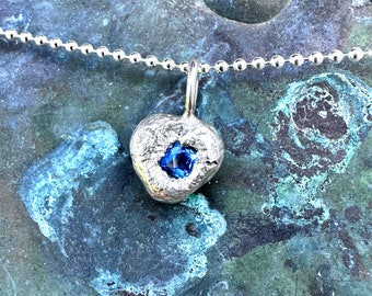 Argentium Sterling Sliver Blue Sapphire Pendant, Eco-Friendly, Birthstone, Heart Shape Sapphire Pendant (B) - Ready To Ship