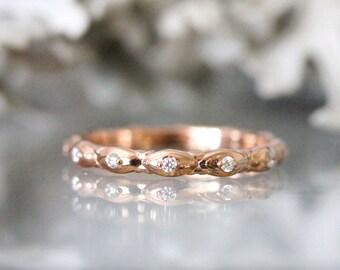 Gold Leaves Diamond Eternity Ring, 14K Rose Gold Ring, Wedding Band, Stacking Ring, Engagement Ring, Eco Friendly - Custom Made For You